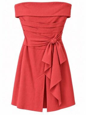 Sportmax Coral Strapless Pleated Draped Sash Cocktail Mini Dress - See notes